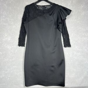 Teri Jon Dress Embellished Mesh Sleeve Ruched Sheath Womens 16 Black Lined $1695